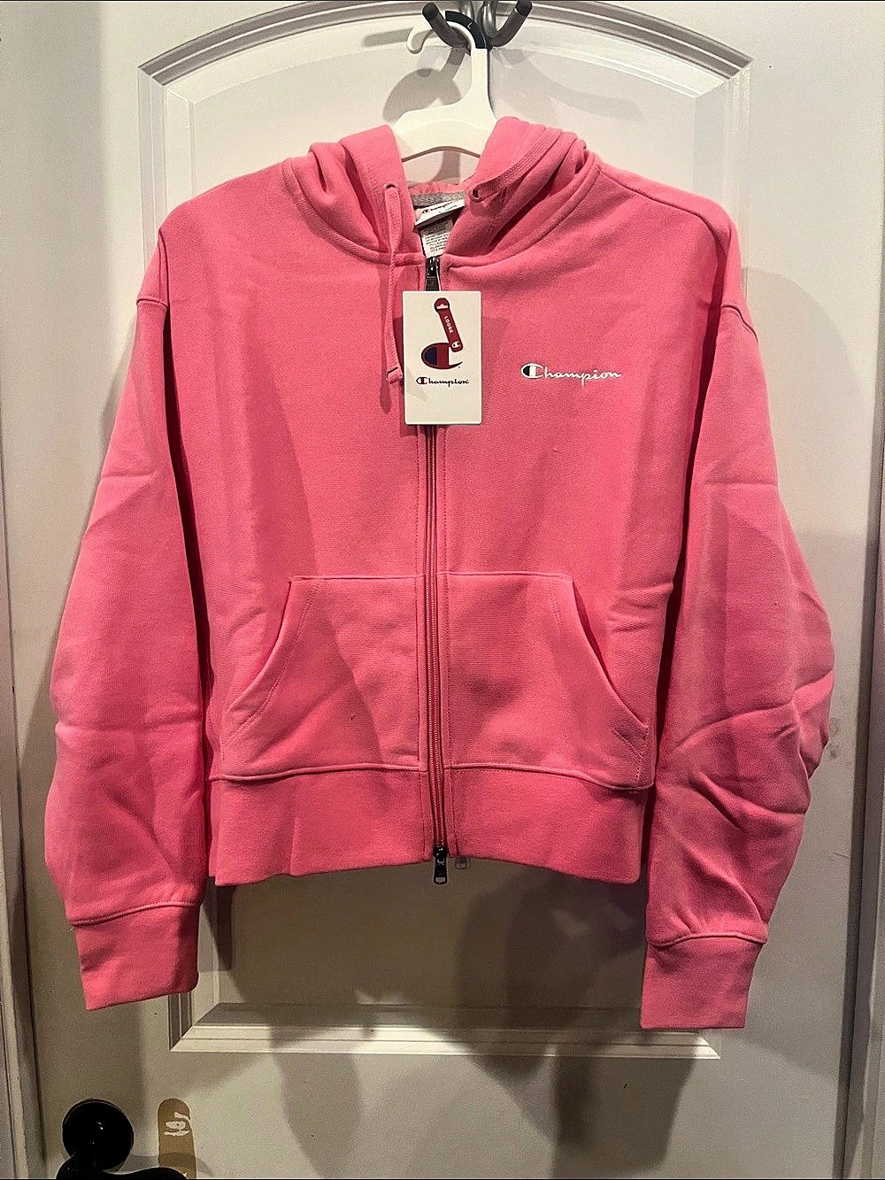 Champion Iconic Cropped Full Zip Hoodie Cropped Full Zip Hoodie in Pink Large